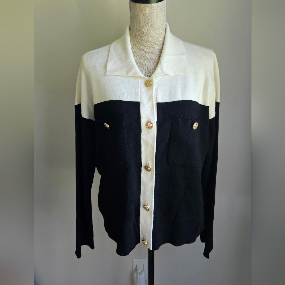 Cyrus Black and White Cardigan/jacket with Gold Buttons